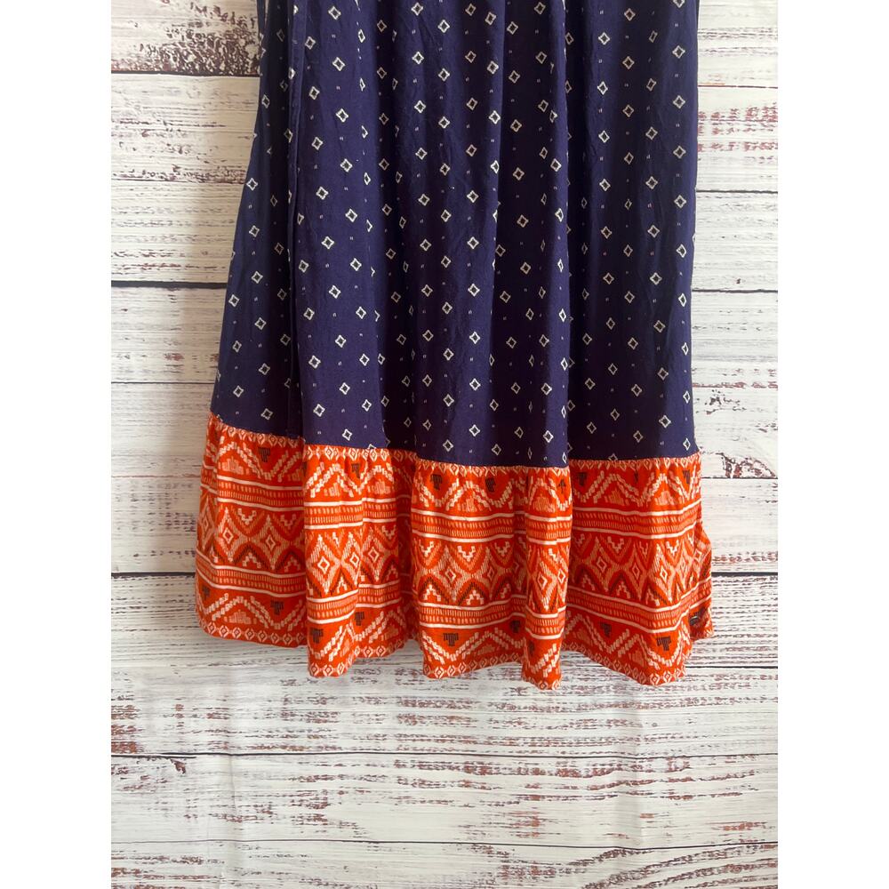 ROXY Shadow Play Tank Sundress flowy navy blue batik-style print coral hem S - Picture 4 of 12